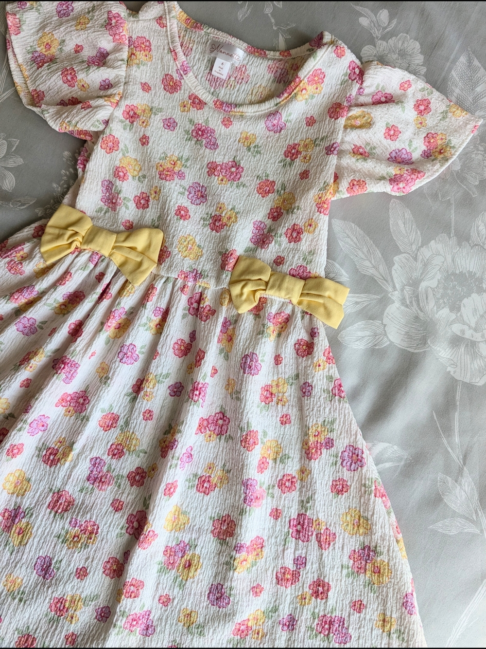 Nannette White Dress with Pink & Yellow Floral Print and Yellow Bows
